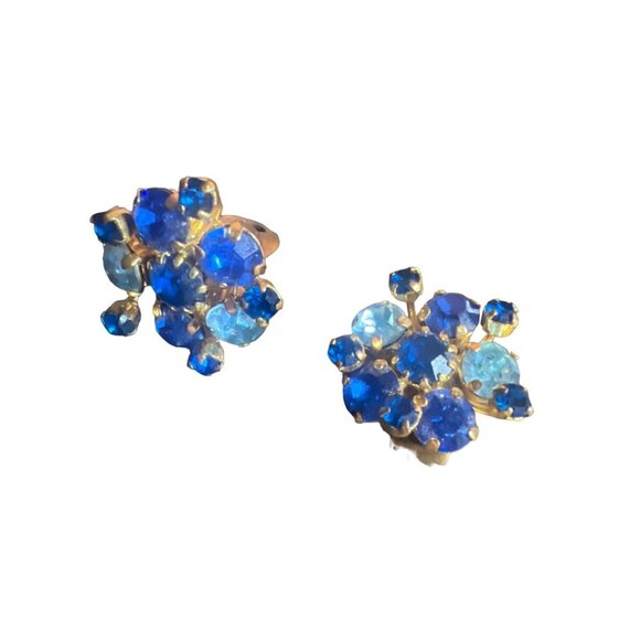 Vintage Blue Rhinestone Clip-on Earrings Prong Set Unique Elegant - Picture 4 of 4